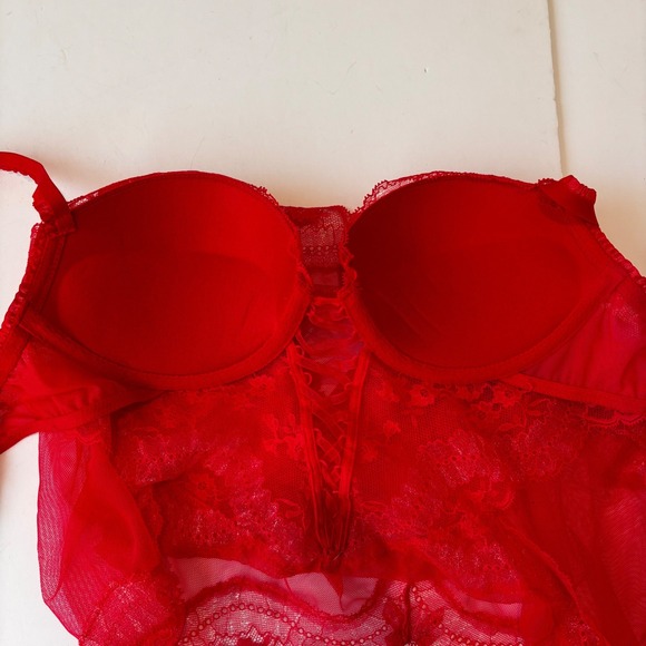 Victoria's Secret Red Floral Lace Mesh Babydoll Lingerie 34B - Picture 8 of 11